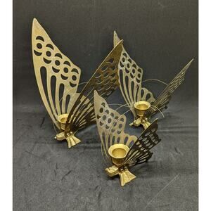 Vintage Brass Butterfly Candle Holders, Set Of 3 Taper Candle Decorations 1970's